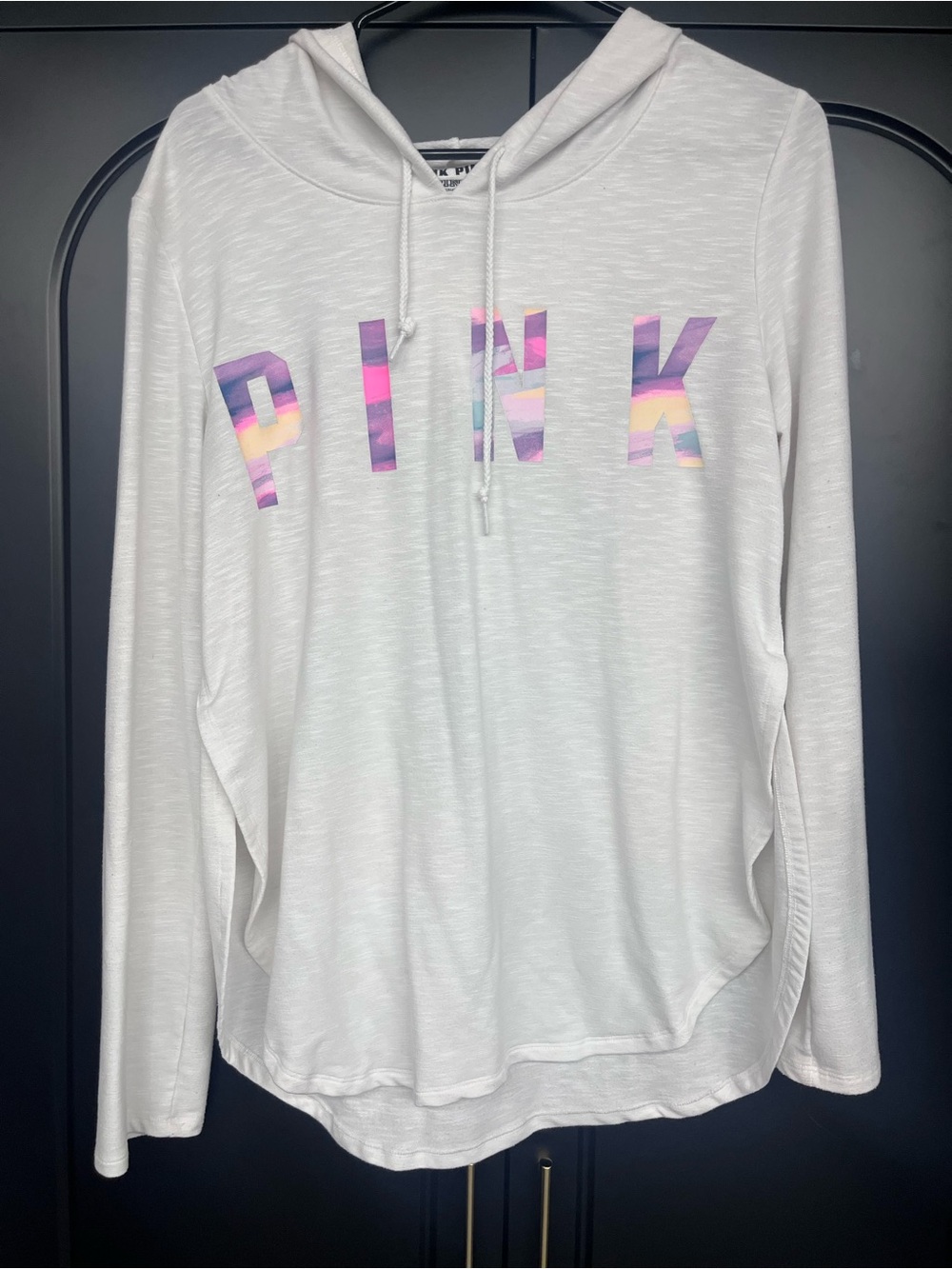 PINK Victoria's Secret White Hoodie with Pastel Multicolor 'PINK' Logo